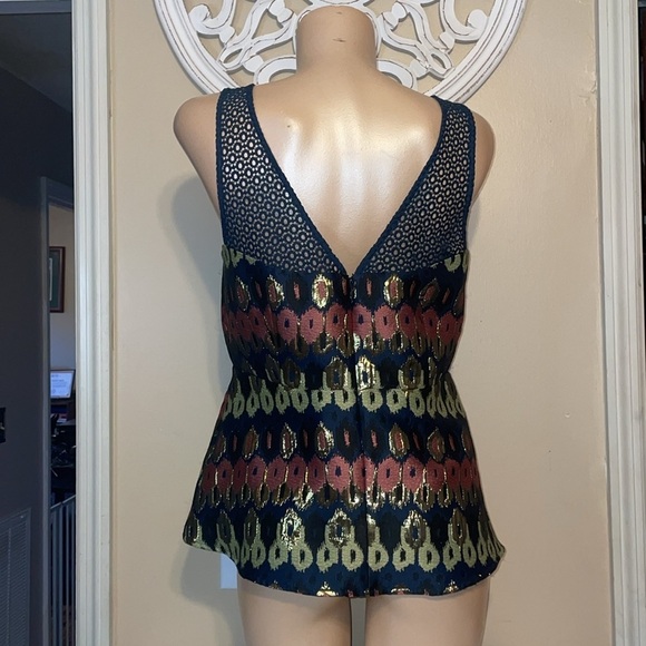 Anthropologie HD Paris womens blouse 12 large Yana Jacquard Peplum Blue Metallic - Picture 7 of 13